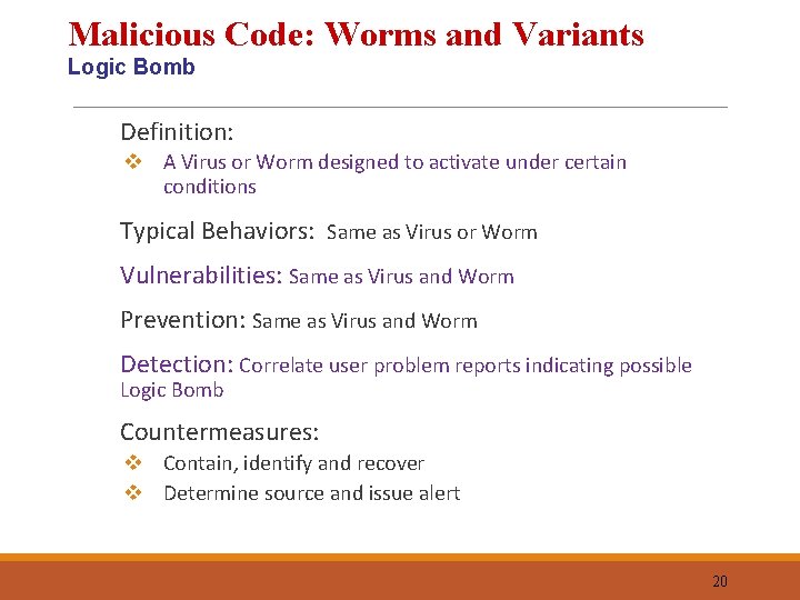 Malicious Code: Worms and Variants Logic Bomb Definition: v A Virus or Worm designed