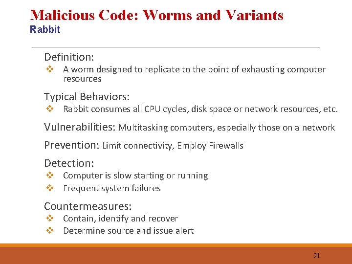 Malicious Code: Worms and Variants Rabbit Definition: Typical Behaviors: Vulnerabilities: Multitasking computers, especially those