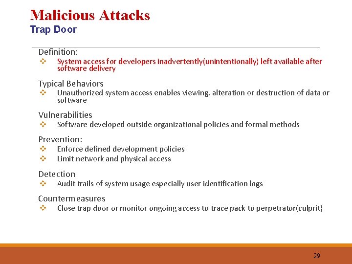 Malicious Attacks Trap Door Definition: Typical Behaviors Vulnerabilities Prevention: Detection Countermeasures v v v