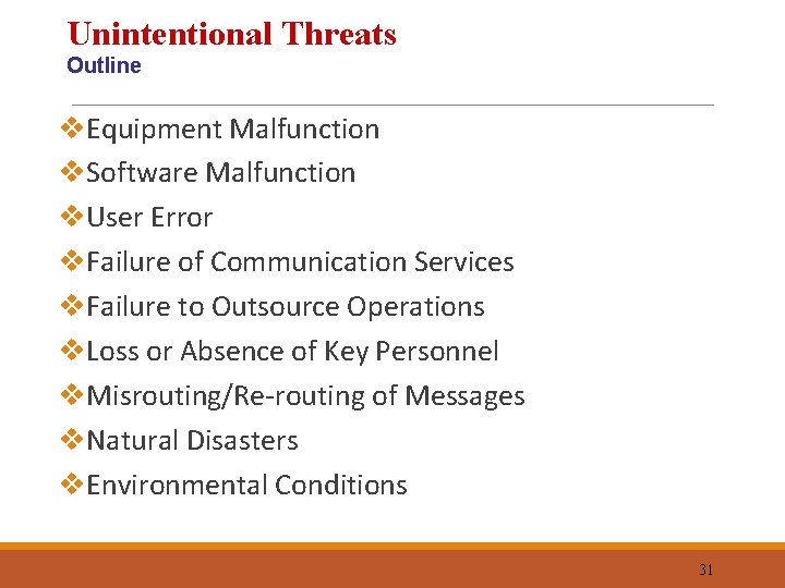 Unintentional Threats Outline v. Equipment Malfunction v. Software Malfunction v. User Error v. Failure