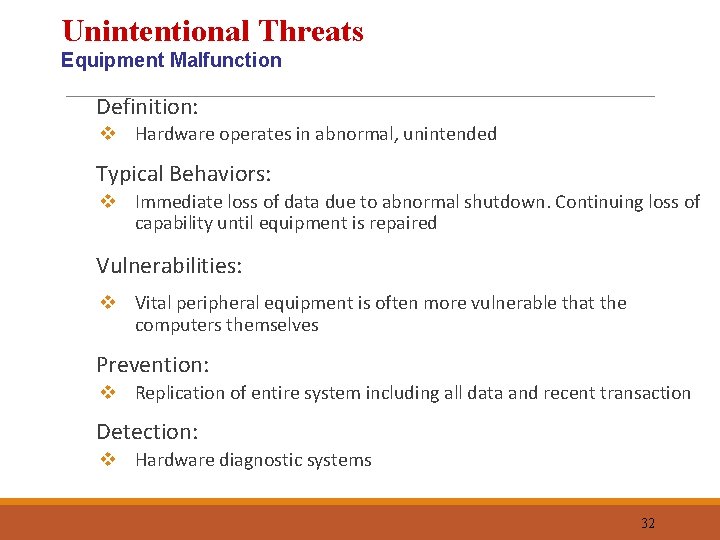 Unintentional Threats Equipment Malfunction Definition: v Hardware operates in abnormal, unintended Typical Behaviors: v