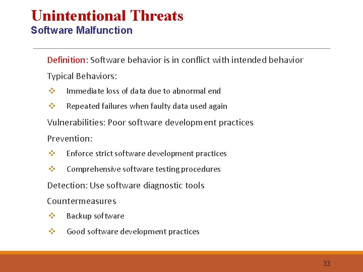 Unintentional Threats Software Malfunction Definition: Software behavior is in conflict with intended behavior Typical