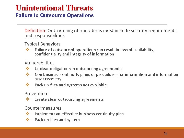 Unintentional Threats Failure to Outsource Operations Definition: Outsourcing of operations must include security requirements