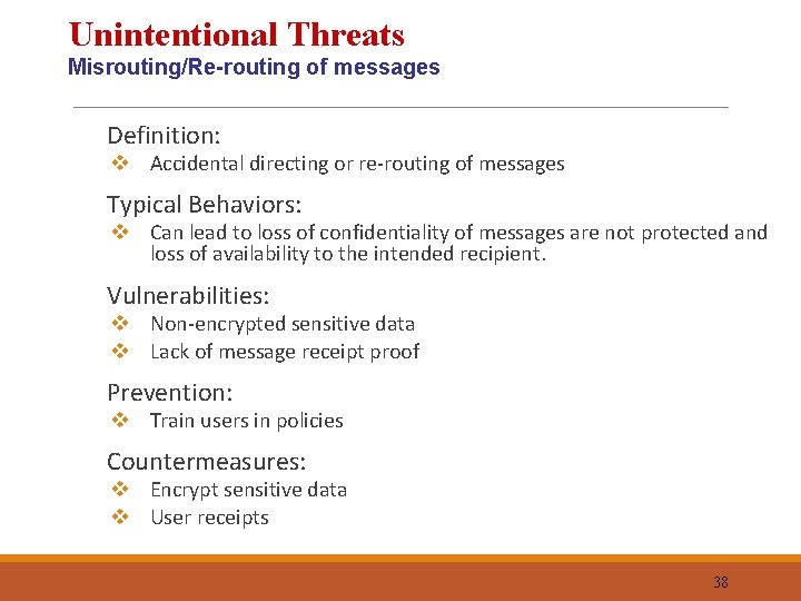 Unintentional Threats Misrouting/Re-routing of messages Definition: Typical Behaviors: Vulnerabilities: Prevention: Countermeasures: v Accidental directing