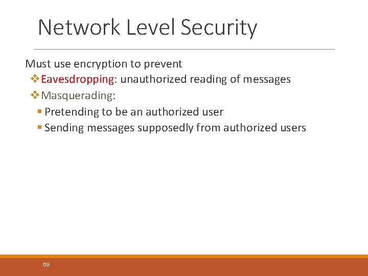 Network Level Security Must use encryption to prevent v. Eavesdropping: unauthorized reading of messages