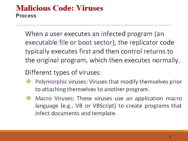 Malicious Code: Viruses Process When a user executes an infected program (an executable file