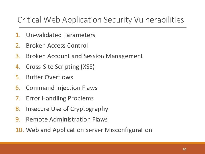 Critical Web Application Security Vulnerabilities 1. Un-validated Parameters 2. Broken Access Control 3. Broken