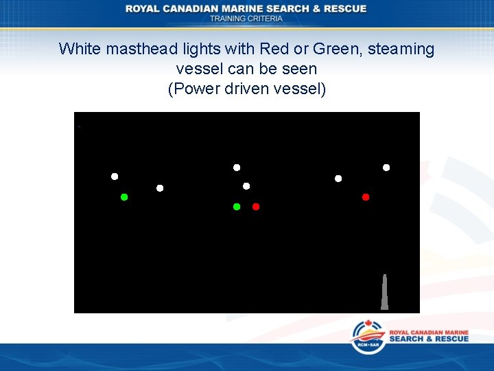 White masthead lights with Red or Green, steaming vessel can be seen (Power driven