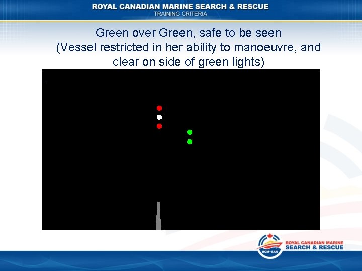 Green over Green, safe to be seen (Vessel restricted in her ability to manoeuvre,