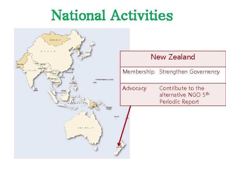 National Activities New Zealand Membership Strengthen Governency Advocacy Contribute to the alternative NGO 5