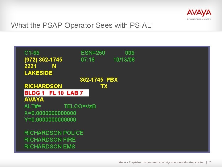 What the PSAP Operator Sees with PS-ALI C 1 -66 (972) 362 -1745 2221