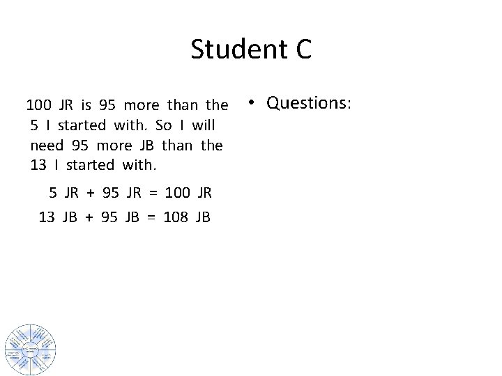 Student C 100 JR is 95 more than the • Questions: 5 I started