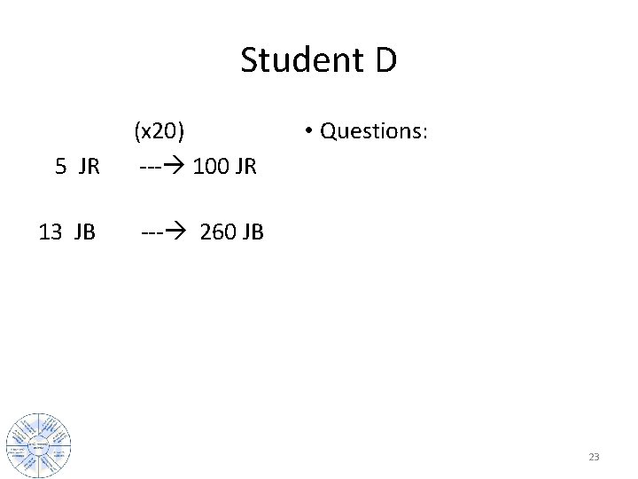 Student D (x 20) • Questions: 5 JR --- 100 JR 13 JB ---