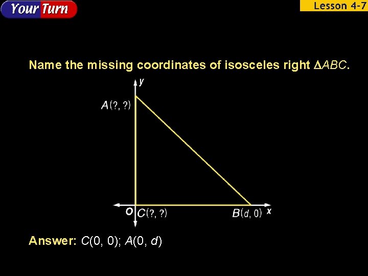 Name the missing coordinates of isosceles right ABC. Answer: C(0, 0); A(0, d) 