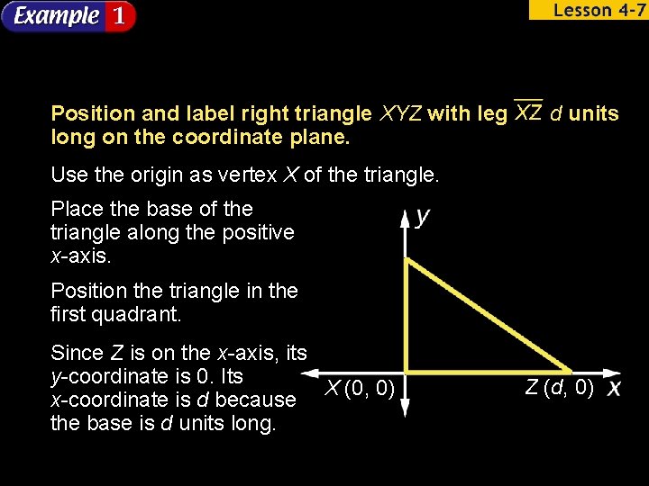 Position and label right triangle XYZ with leg long on the coordinate plane. d