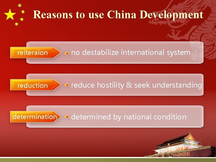 Reasons to use China Development reiteraion no destabilize international system reduction reduce hostility & Reasons to use China Development reiteraion no destabilize international system reduction reduce hostility &