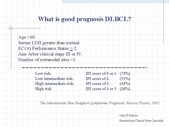 What is good prognosis DLBCL? Age >60. Serum LDH greater than normal. ECOG Performance