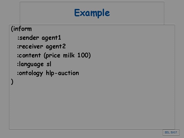 Example (inform : sender agent 1 : receiver agent 2 : content (price milk