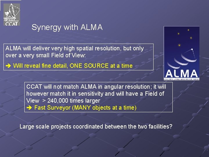 Synergy with ALMA will deliver very high spatial resolution, but only over a very