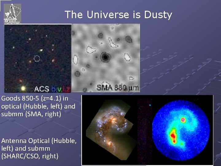 The Universe is Dusty Goods 850 -5 (z=4. 1) in optical (Hubble, left) and
