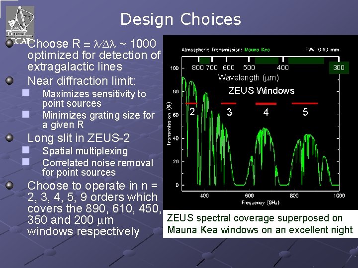 Design Choices Choose R ~ 1000 optimized for detection of extragalactic lines Near diffraction