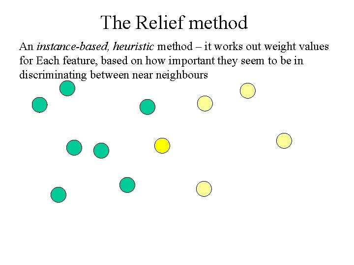 The Relief method An instance-based, heuristic method – it works out weight values for