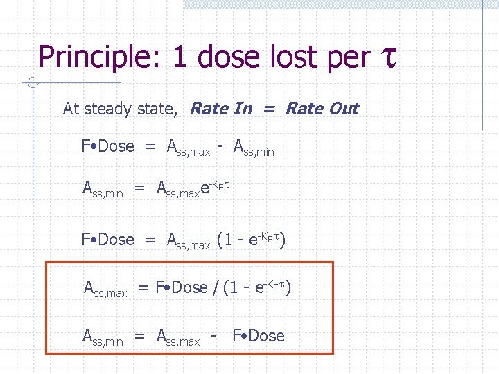 Principle: 1 dose lost per At steady state, Rate In = Rate Out F