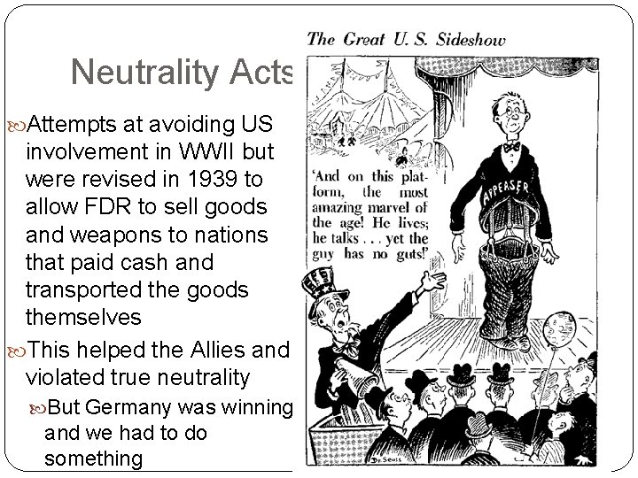 Neutrality Acts Attempts at avoiding US involvement in WWII but were revised in 1939 Neutrality Acts Attempts at avoiding US involvement in WWII but were revised in 1939