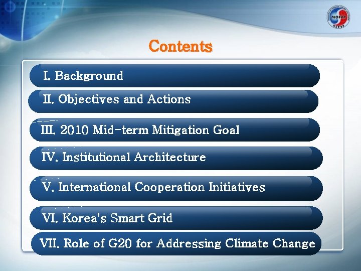 Contents I. Background II. Objectives and Actions III. 2010 Mid-term Mitigation Goal IV. Institutional