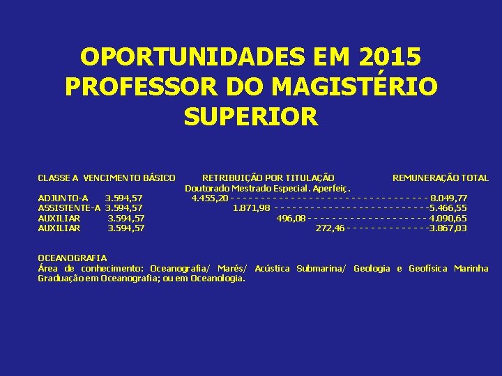 OPORTUNIDADES EM 2015 PROFESSOR DO MAGISTÉRIO SUPERIOR CLASSE A VENCIMENTO BÁSICO ADJUNTO-A ASSISTENTE-A AUXILIAR