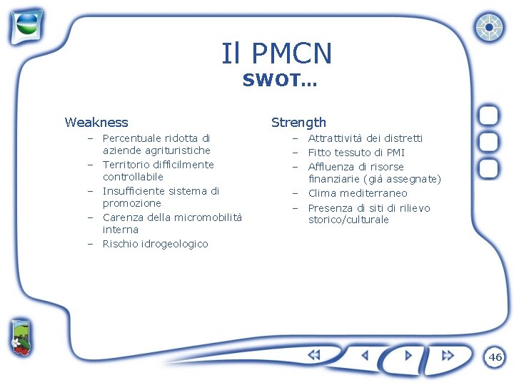 Il PMCN SWOT… Weakness – Percentuale ridotta di aziende agrituristiche – Territorio difficilmente controllabile
