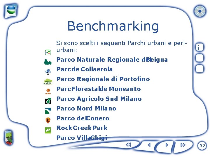 Benchmarking Si sono scelti i seguenti Parchi urbani e periurbani: i Parco Naturale Regionale
