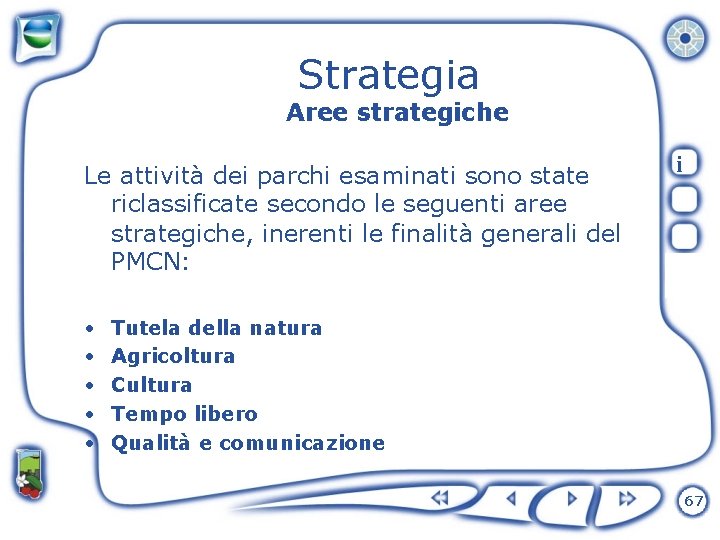 Strategia Aree strategiche Le attività dei parchi esaminati sono state riclassificate secondo le seguenti