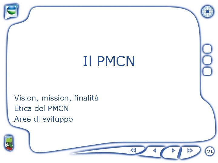 Il PMCN Vision, mission, finalità Etica del PMCN Aree di sviluppo 31 