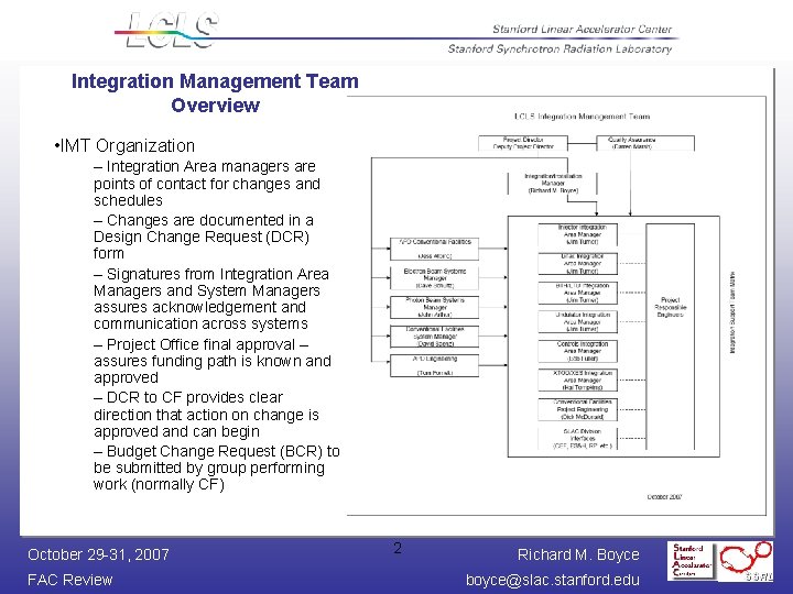 Integration Management Team Overview • IMT Organization – Integration Area managers are points of