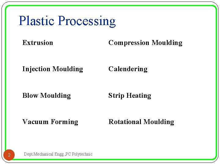 Plastic Processing 2 Extrusion Compression Moulding Injection Moulding Calendering Blow Moulding Strip Heating Vacuum Plastic Processing 2 Extrusion Compression Moulding Injection Moulding Calendering Blow Moulding Strip Heating Vacuum