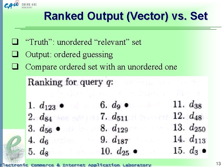 Ranked Output (Vector) vs. Set q “Truth”: unordered “relevant” set q Output: ordered guessing