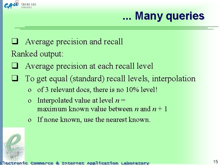 . . . Many queries q Average precision and recall Ranked output: q Average