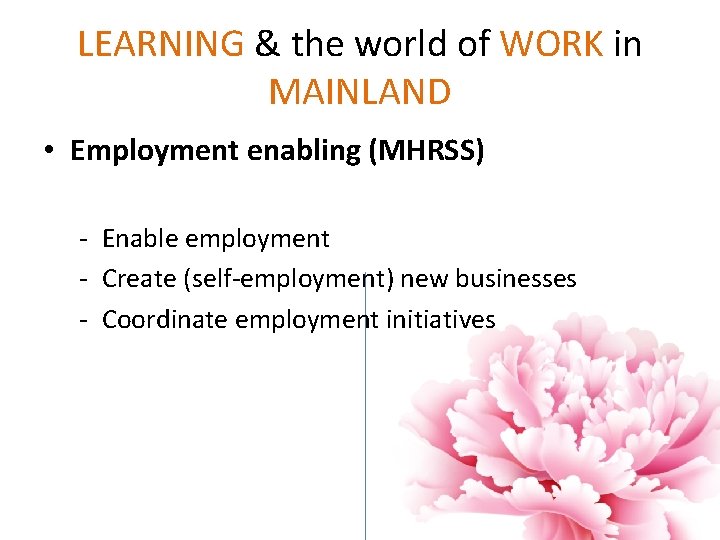 LEARNING & the world of WORK in MAINLAND • Employment enabling (MHRSS) - Enable LEARNING & the world of WORK in MAINLAND • Employment enabling (MHRSS) - Enable