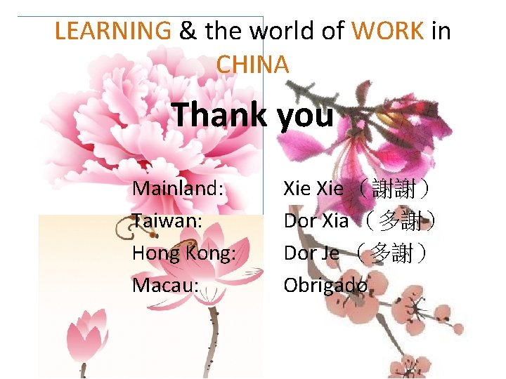 LEARNING & the world of WORK in CHINA Thank you Mainland: Taiwan: Hong Kong: LEARNING & the world of WORK in CHINA Thank you Mainland: Taiwan: Hong Kong: