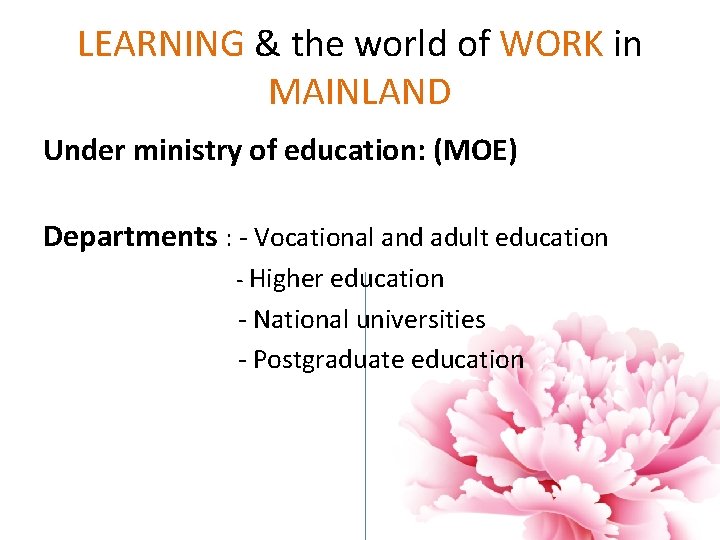 LEARNING & the world of WORK in MAINLAND Under ministry of education: (MOE) Departments LEARNING & the world of WORK in MAINLAND Under ministry of education: (MOE) Departments