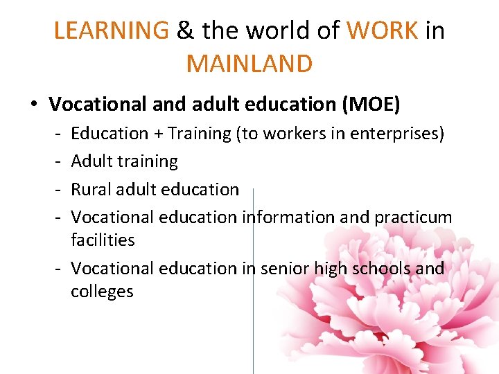 LEARNING & the world of WORK in MAINLAND • Vocational and adult education (MOE) LEARNING & the world of WORK in MAINLAND • Vocational and adult education (MOE)