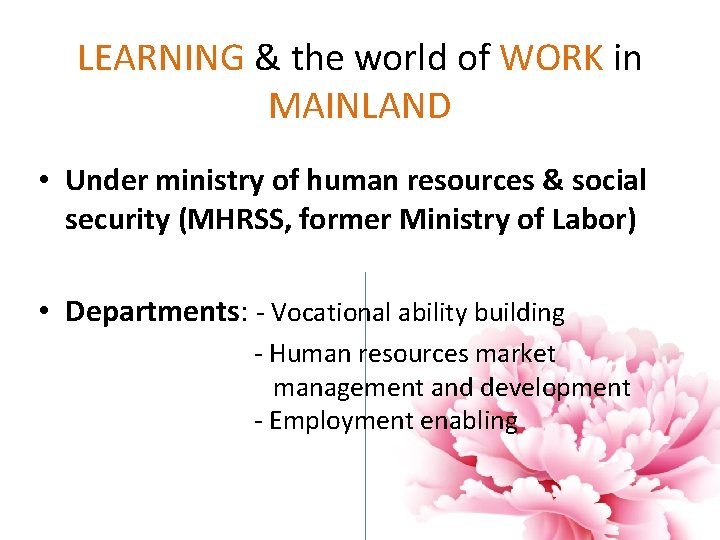 LEARNING & the world of WORK in MAINLAND • Under ministry of human resources LEARNING & the world of WORK in MAINLAND • Under ministry of human resources