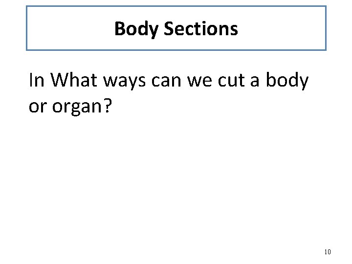 Body Sections In What ways can we cut a body or organ? 10 