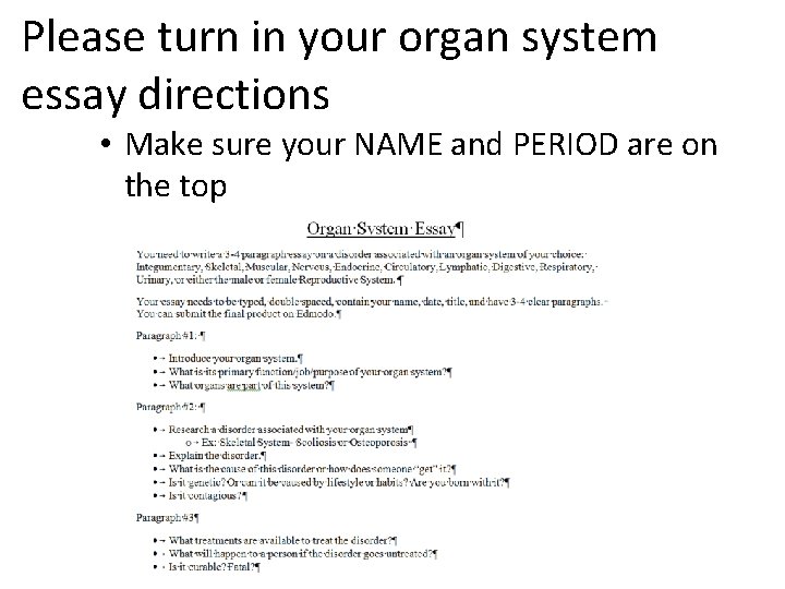 Please turn in your organ system essay directions • Make sure your NAME and
