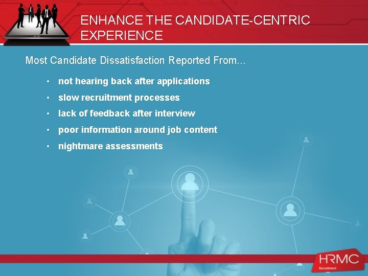 ENHANCE THE CANDIDATE-CENTRIC EXPERIENCE Most Candidate Dissatisfaction Reported From. . . • not hearing
