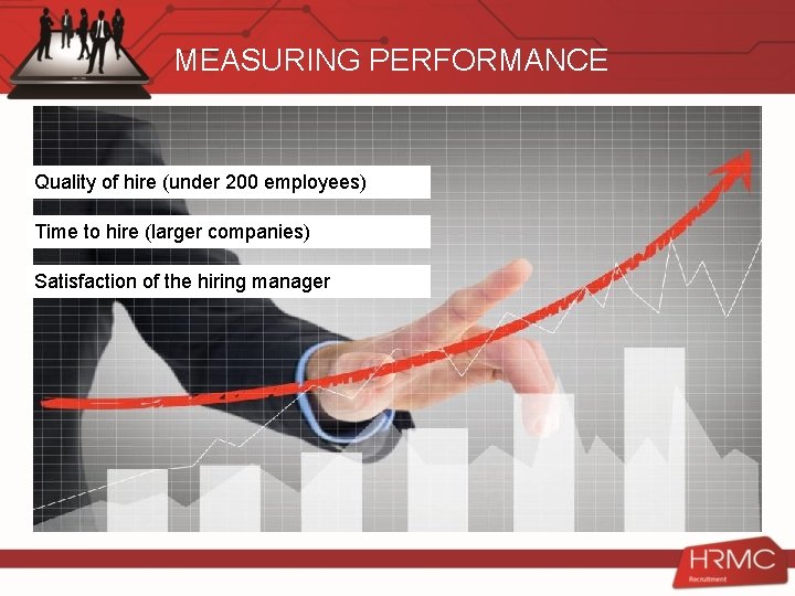 MEASURING PERFORMANCE Quality of hire (under 200 employees) Time to hire (larger companies) Satisfaction