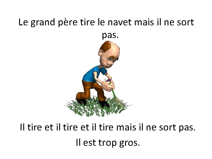 Le grand père tire le navet mais il ne sort pas. Il tire et