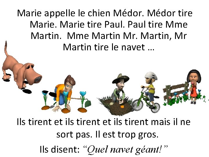 Marie appelle le chien Médor tire Marie tire Paul tire Mme Martin Mr. Martin,