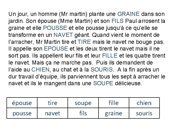 Un jour, un homme (Mr martin) plante une GRAINE dans son jardin. Son épouse